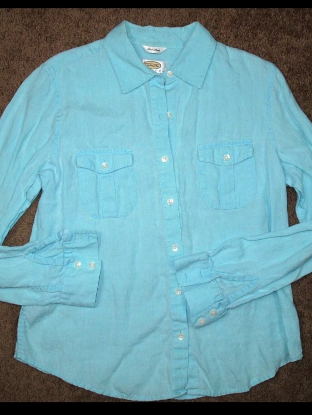 Talbots 100% Pure Irish Linen Button Down Shirt Aqua Blue Women's Size M